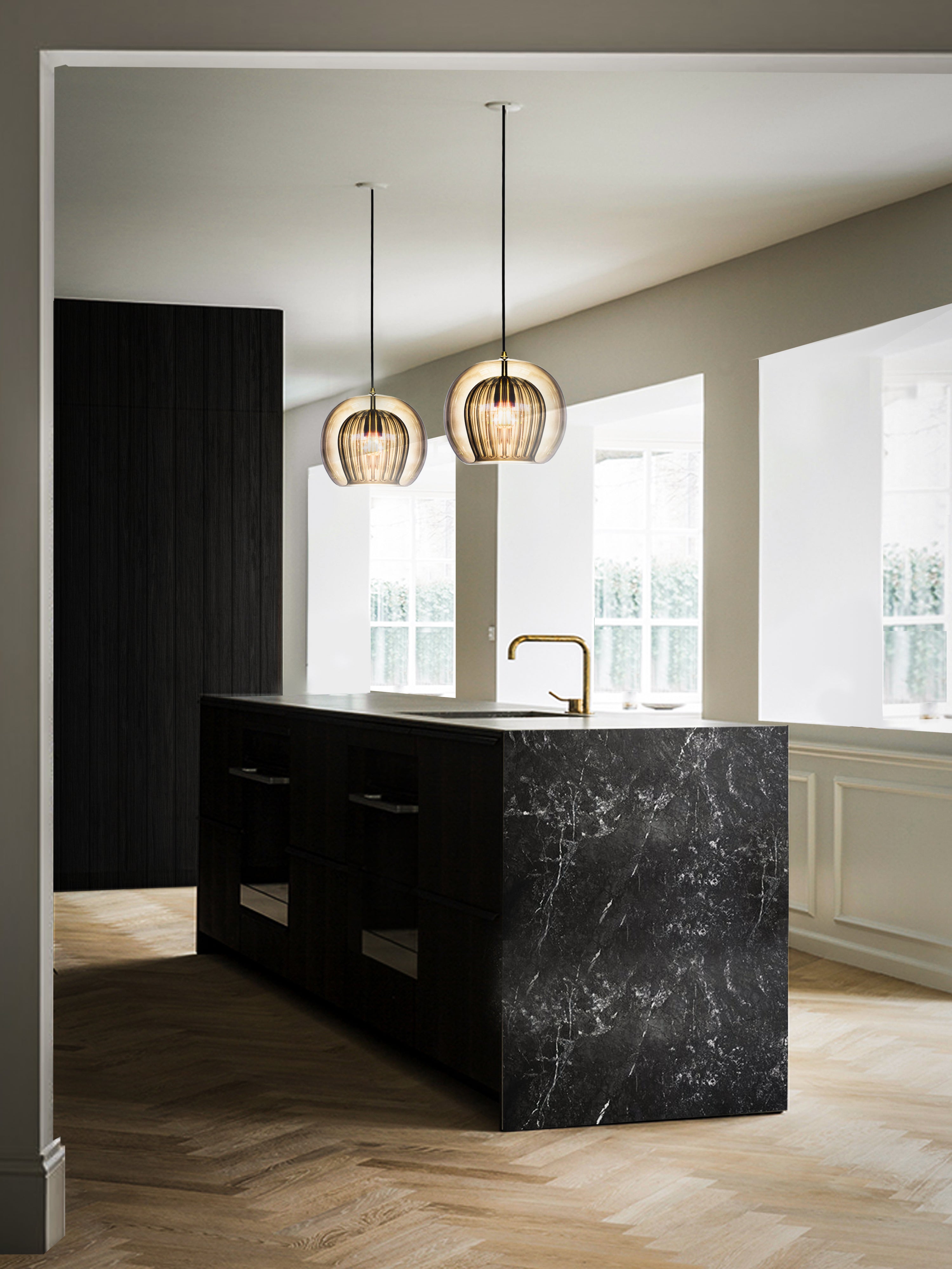 Pleated Crystal Pendant Light smoked, hanging from ceiling above kitchen island in setting.