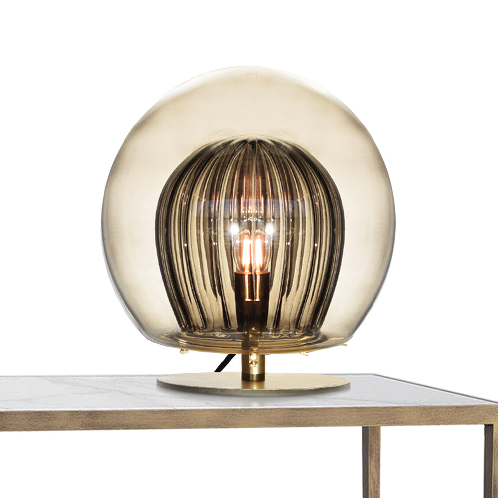 Pleated Crystal Table Lamp, Smoked front view on table.