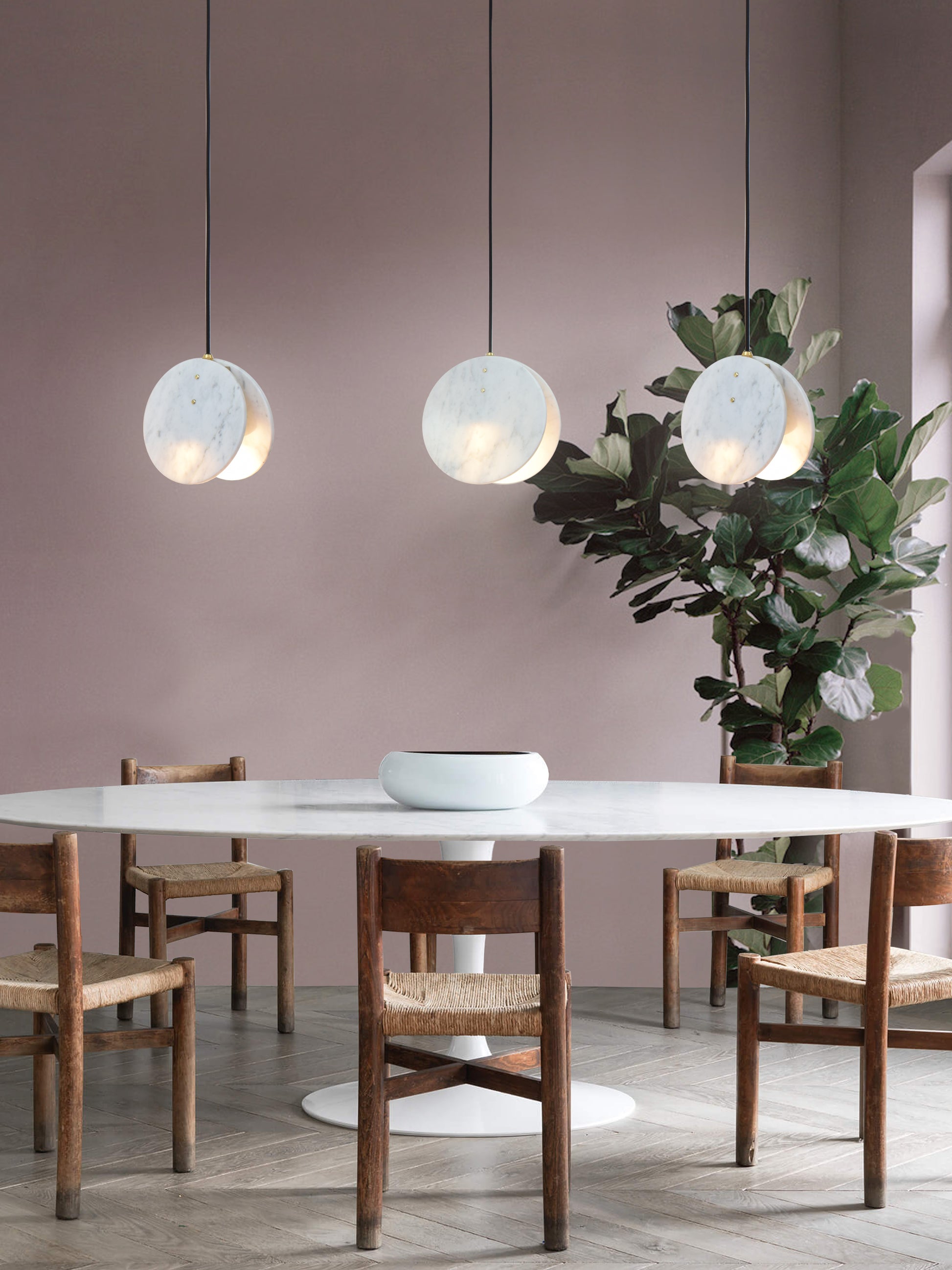Shell Pendant Light, multiple, hanging from ceiling in setting above table.