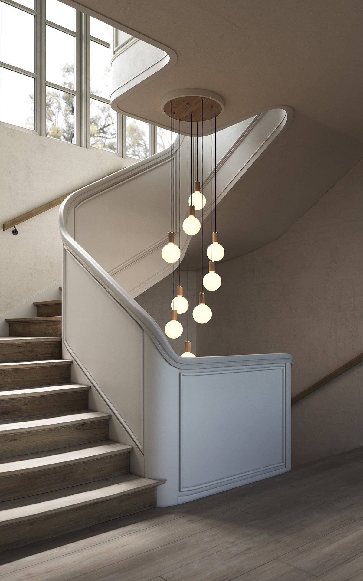 Tala Nine Ceiling Light Oak Sphere IV CP WHT SET NON OP 01_8 render lifestyle stairs