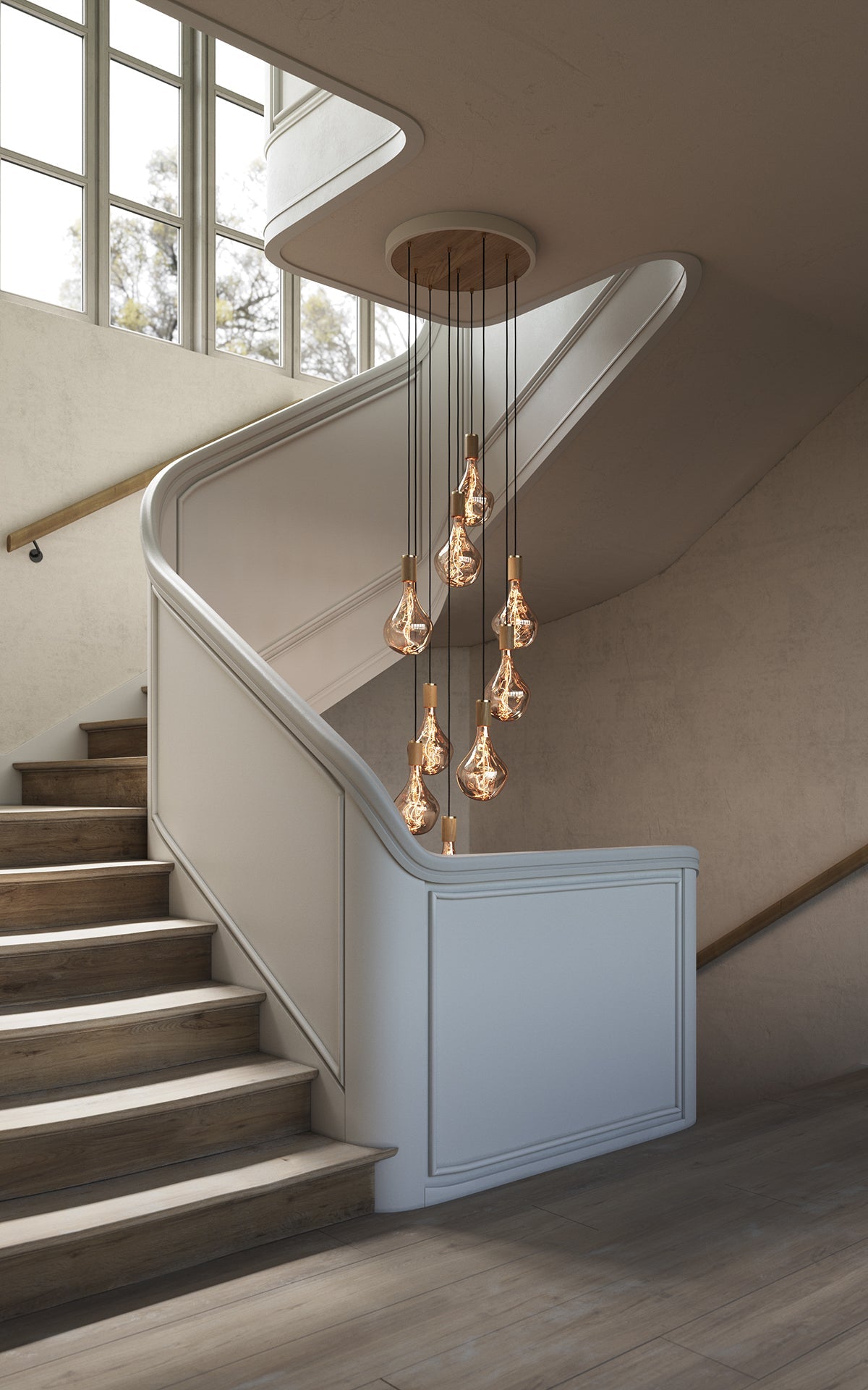 Tala Nine Ceiling Light Oak Voronoi II CP WHT SET NON OP 02_9 render lifestyle stairs