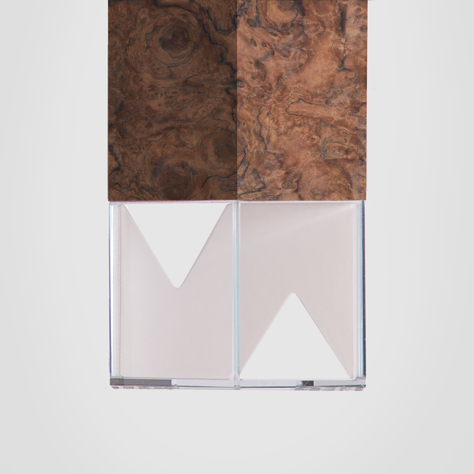 Lamp One Pendant Light / Wood, detailed close up view of glass casing.