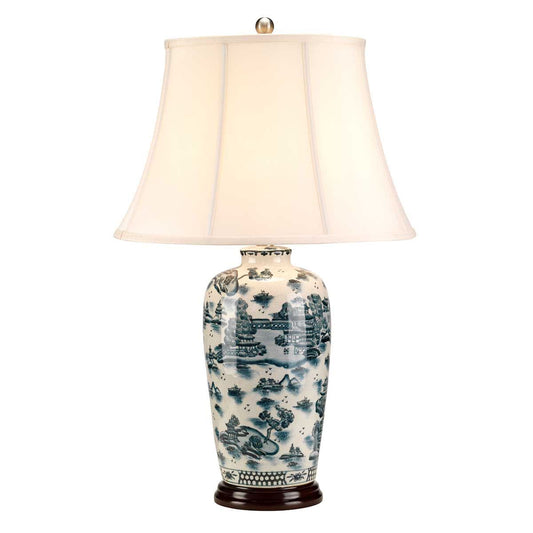 Blue Traditional Table Lamp in Blue and White with Cream Shade