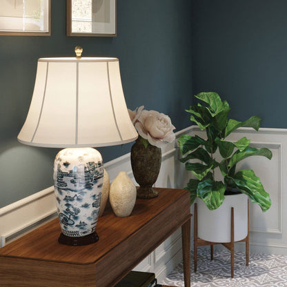 Blue Traditional Table Lamp in Blue and White with Cream Shade