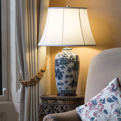 Blue Traditional Table Lamp in Blue and White with Cream Shade