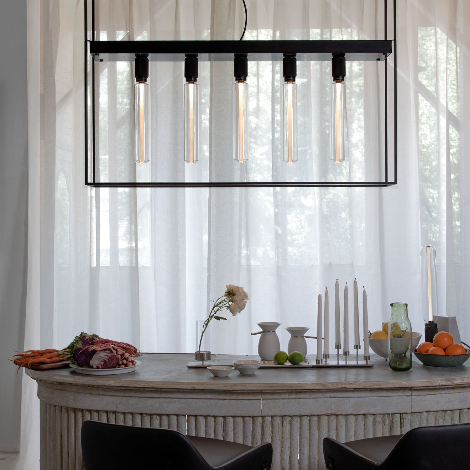 Caged Ceiling Light 5.0, white marble front view in setting.