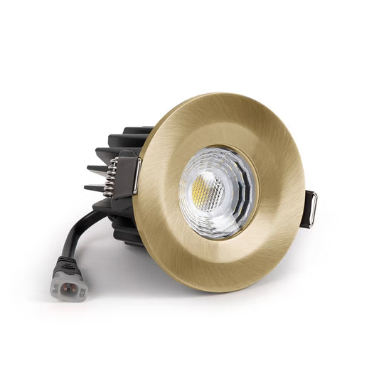 Soho Brushed Brass LED Downlights, Fire Rated, Fixed, IP65, CCT Switch, High CRI, Dimmable