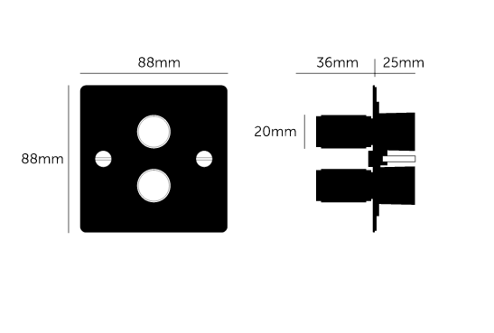2G Dimmer/ 120W/ White with brass detail, dimensions.