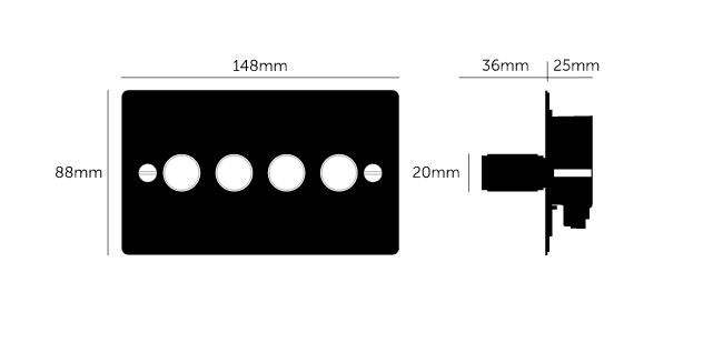 4G Dimmer/ 120W/ Black with black details, dimensions.