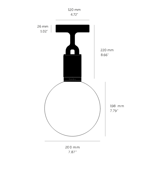 Forked Ceiling Light / Globe / Smoked / Medium Steel, dimensions.