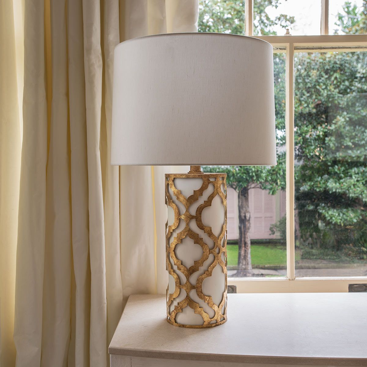 Arabella Light Table Lamp in Distressed Gold, Ivory Shade with White Shade