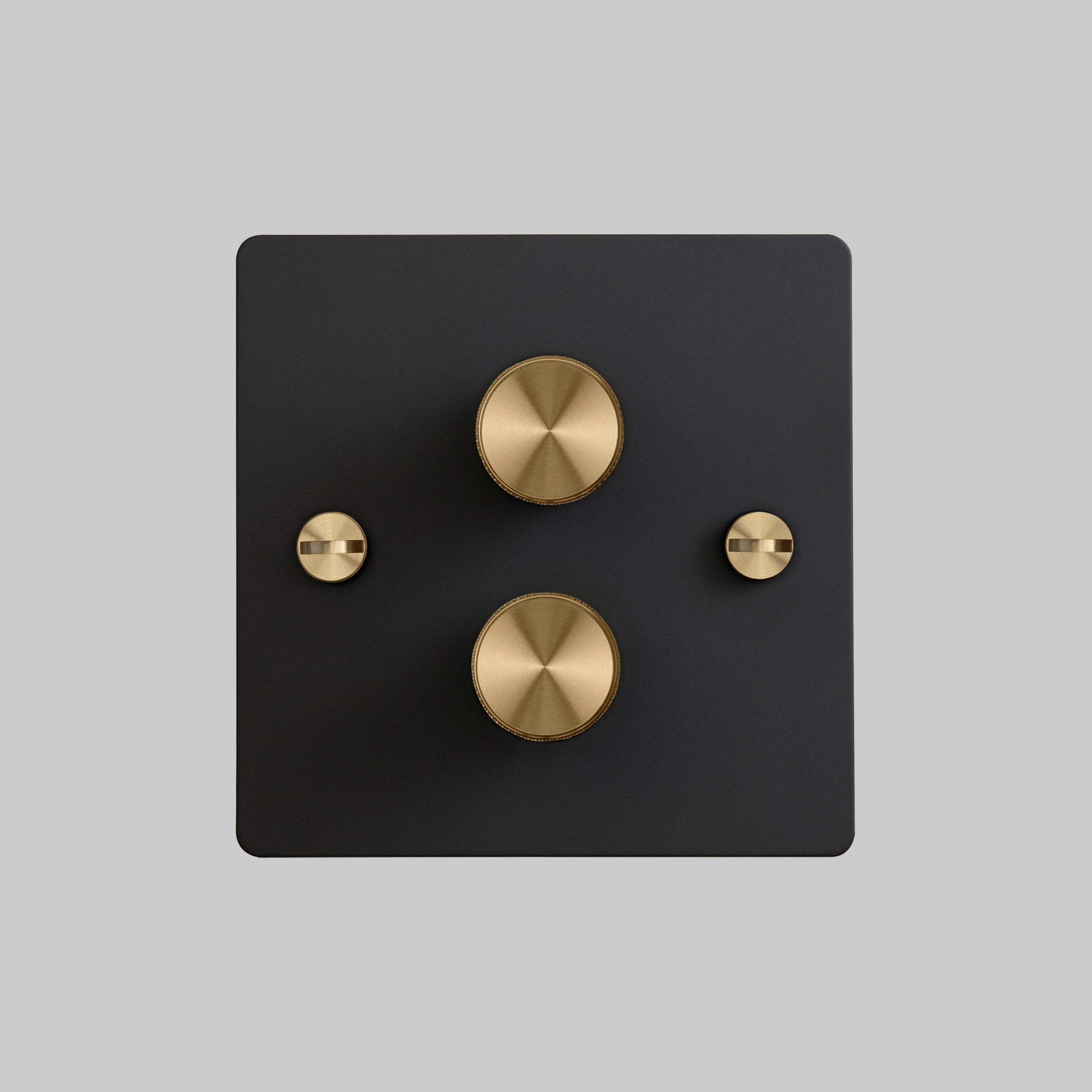 2G Dimmer/ 100W/ Black with brass details, front view.