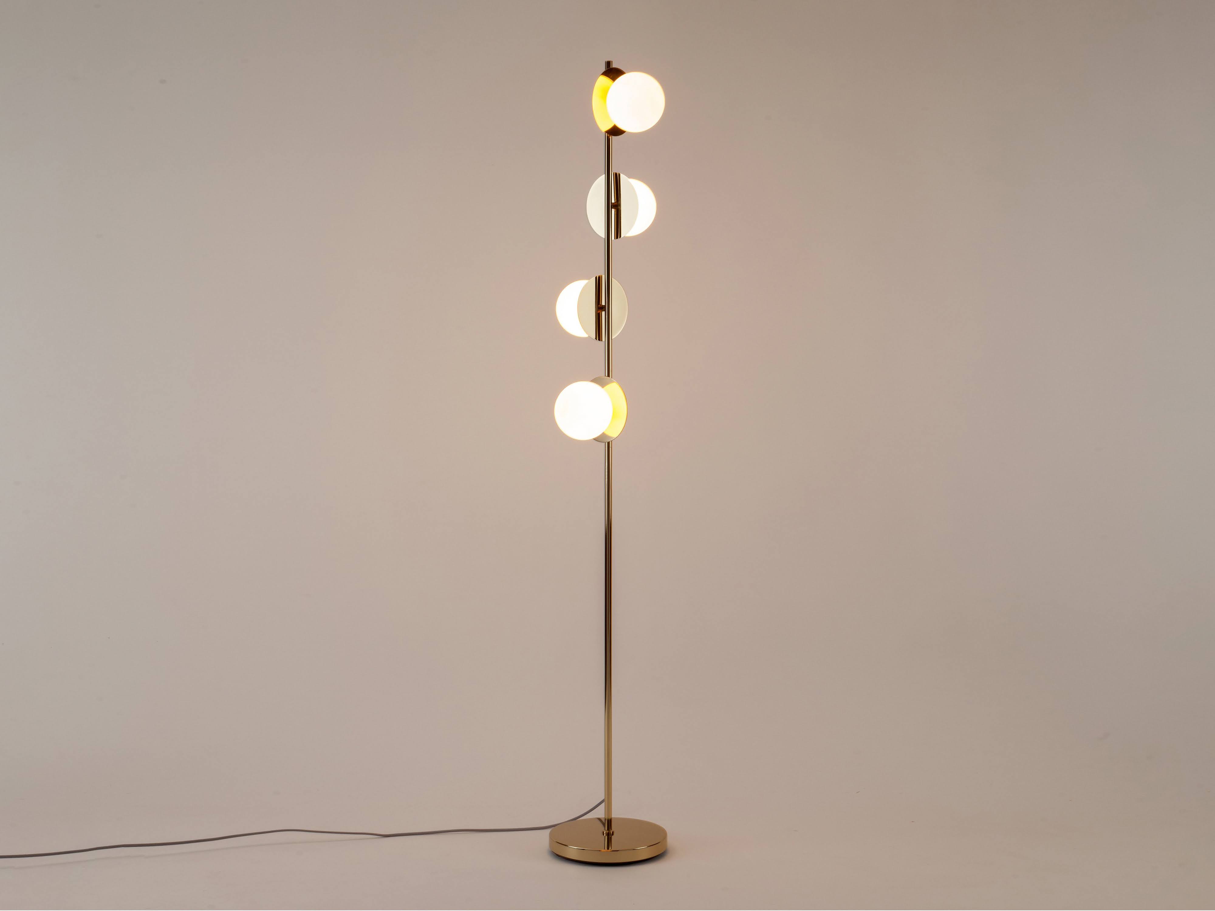 brass Opal Disk Floor Lamp, on front view.