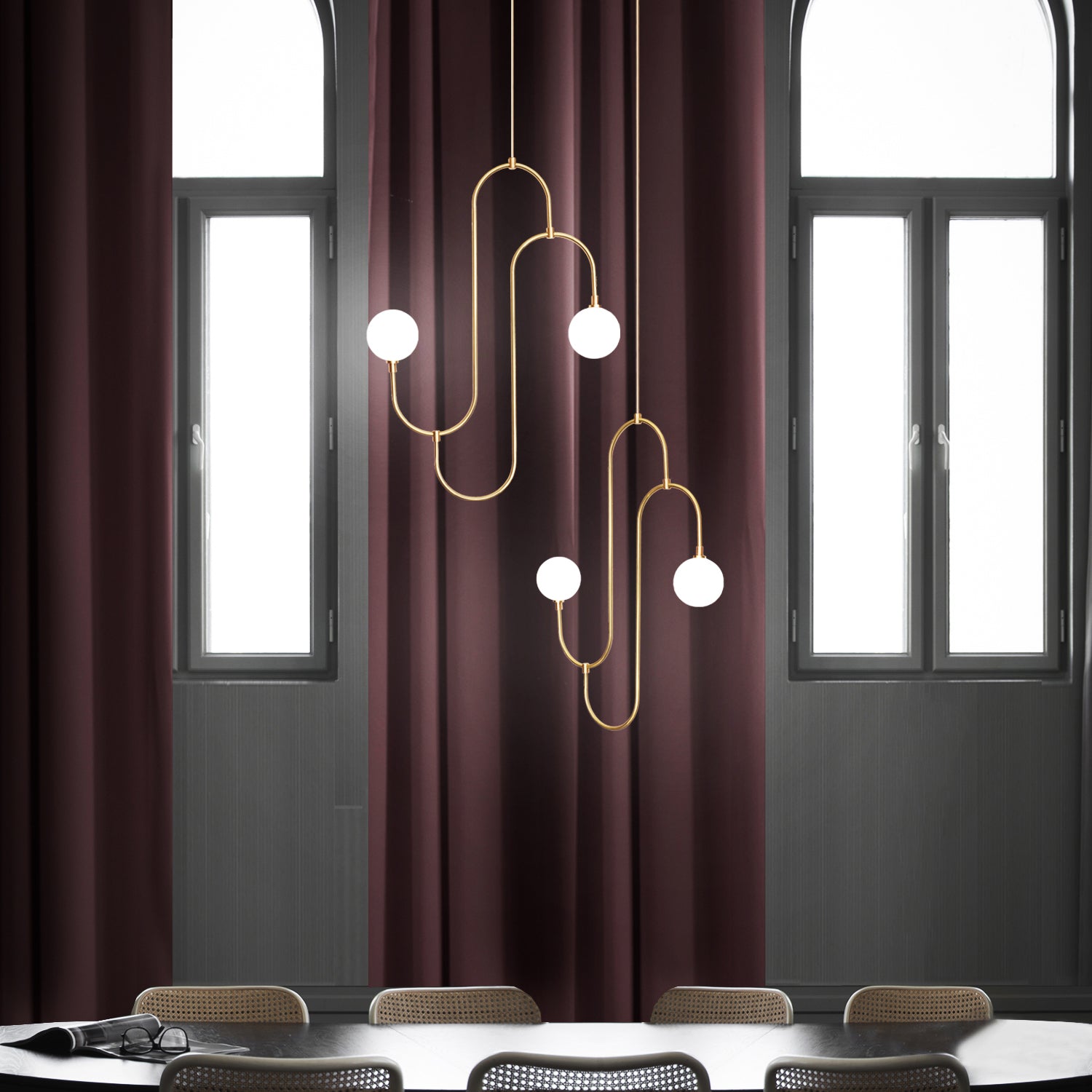 Jack and Jill Pendant Light, in setting hanging above table.