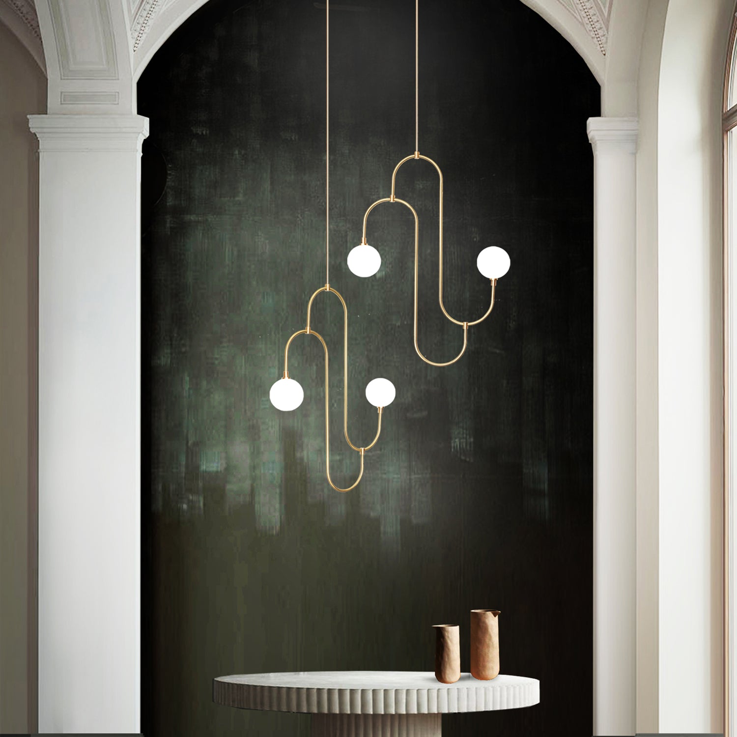 Jack and Jill Pendant Light, in setting hanging above table.
