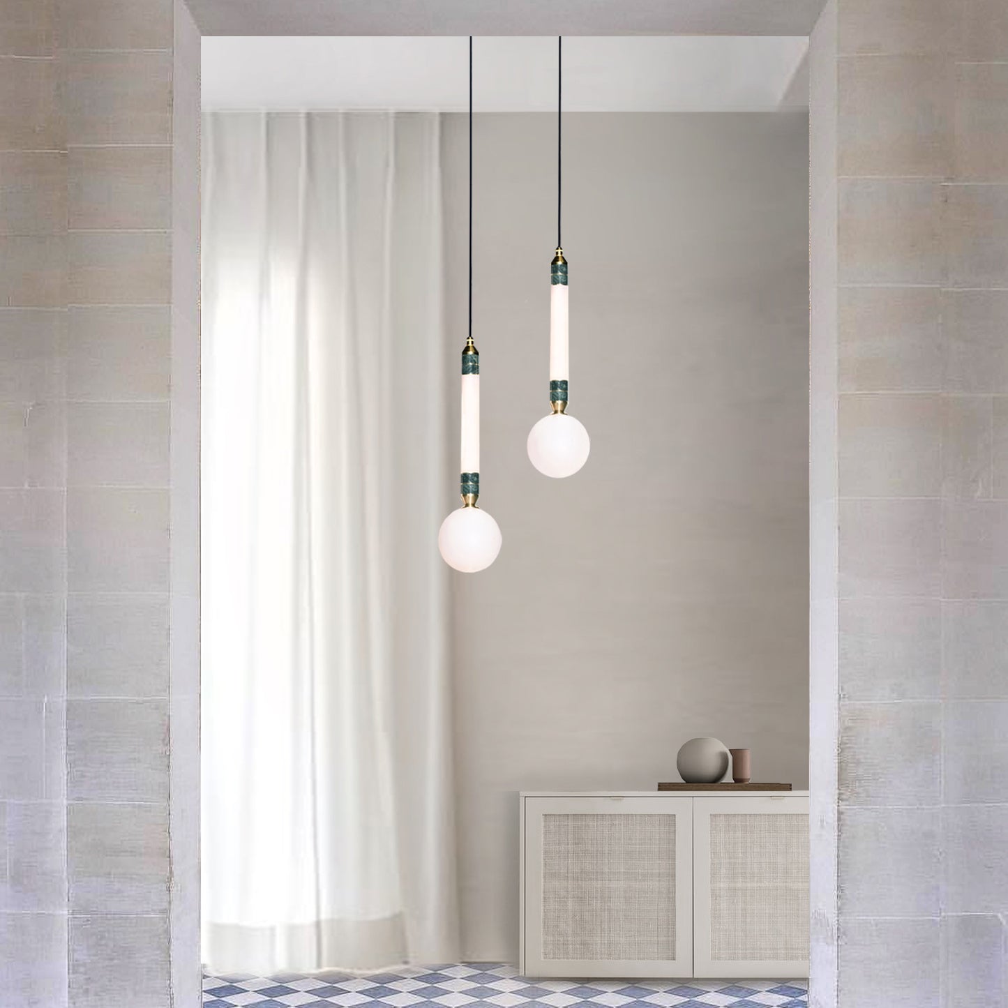 Greenstone Small Pendant Light, hanging from ceiling in hallway, duo.