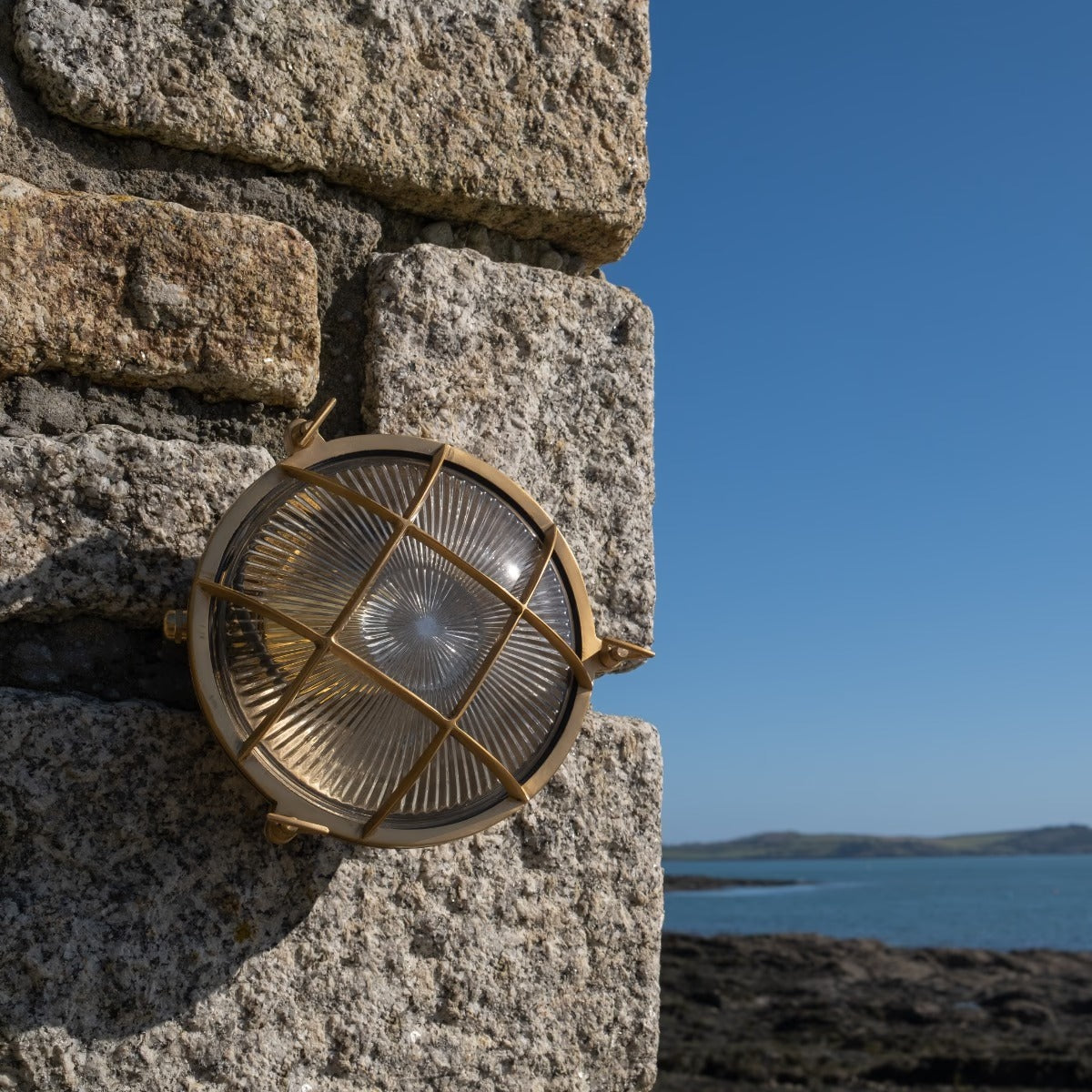 Soho Lighting Carlisle Grid Prismatic Glass IP65 Outdoor & Bathroom Polished Solid Brass Bulkhead Wall Light