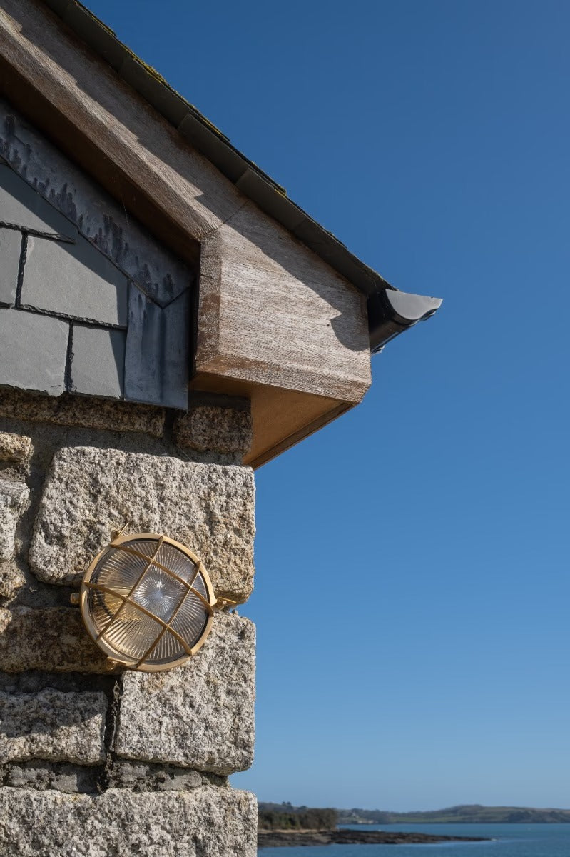 Soho Lighting Carlisle Grid Prismatic Glass IP65 Outdoor & Bathroom Polished Solid Brass Bulkhead Wall Light