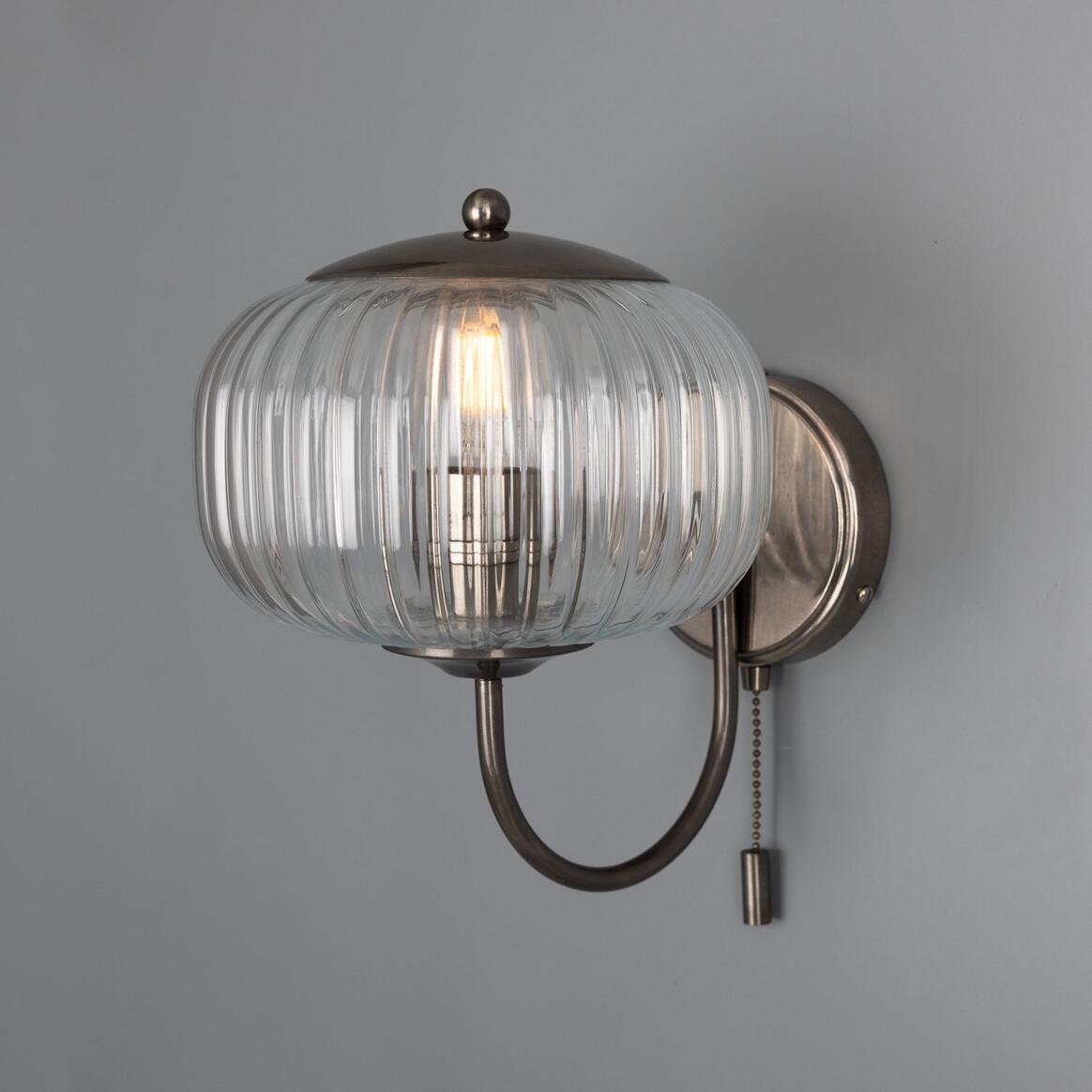 Nehir Reeded Glass Wall Light with Pull Switch 20cm