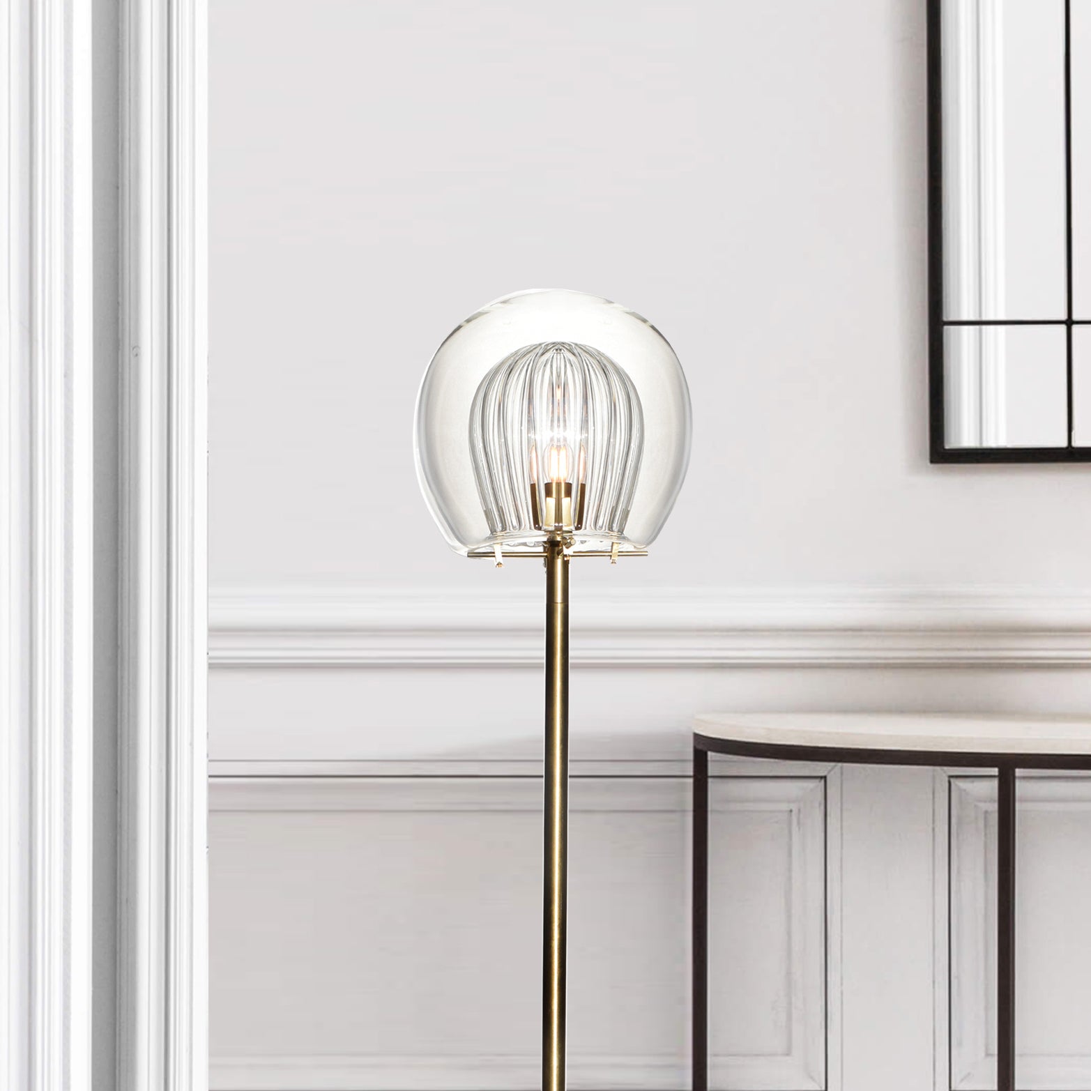 Pleated Crystal Floor Lamp, clear close up view of lamp in setting.