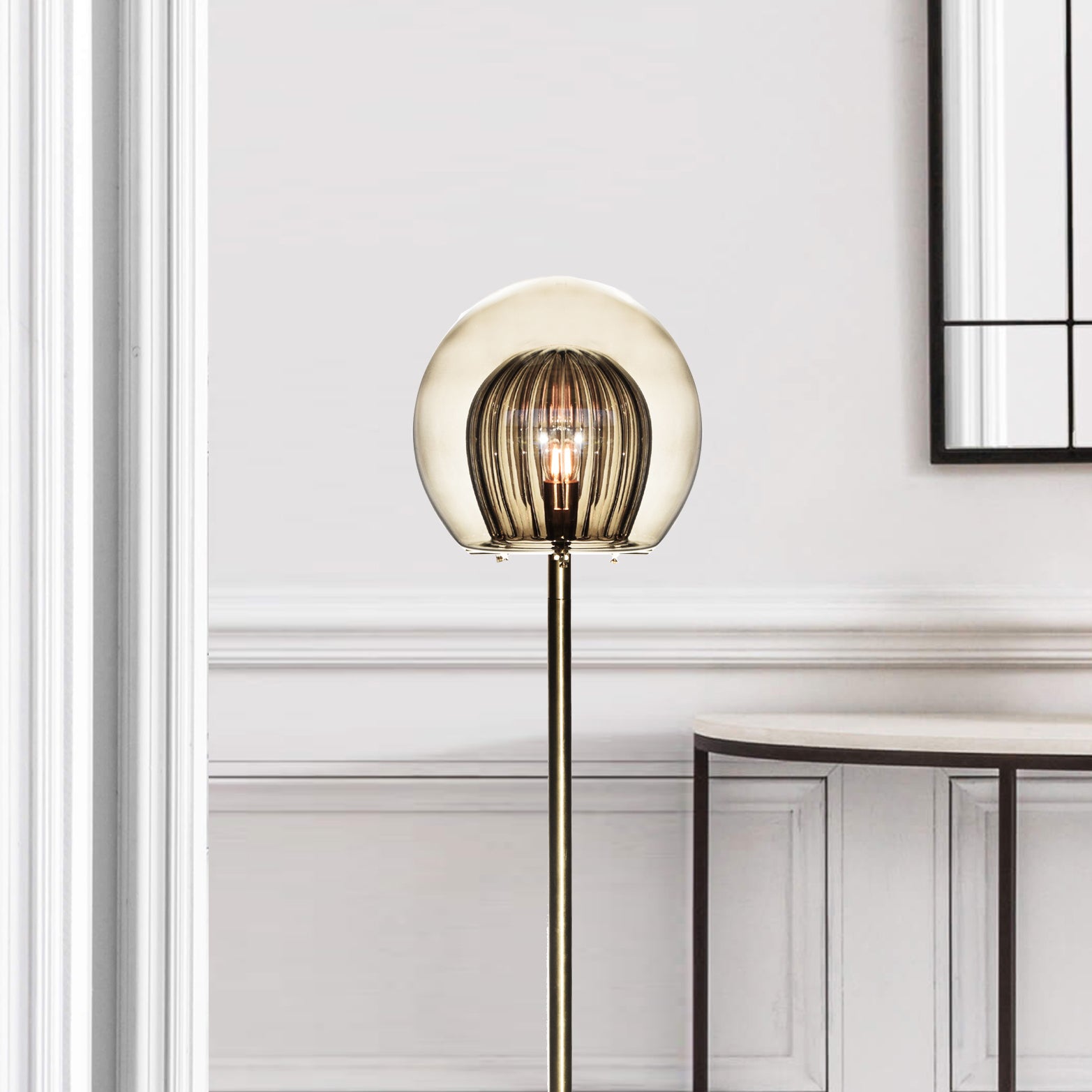 Pleated Crystal Floor Lamp, smoked close up view of lamp in setting.
