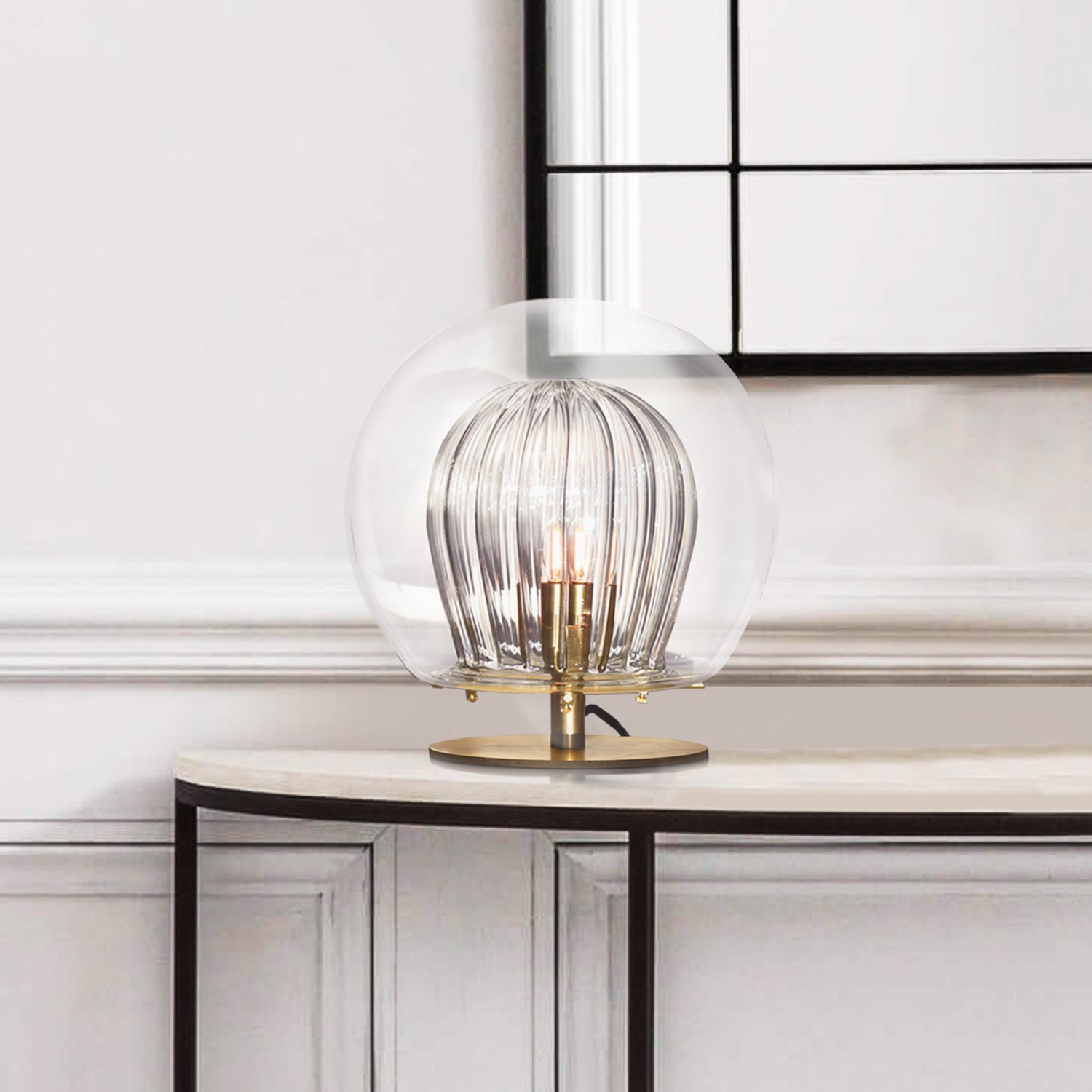 Pleated Crystal Table Lamp, clear front view on table in setting.