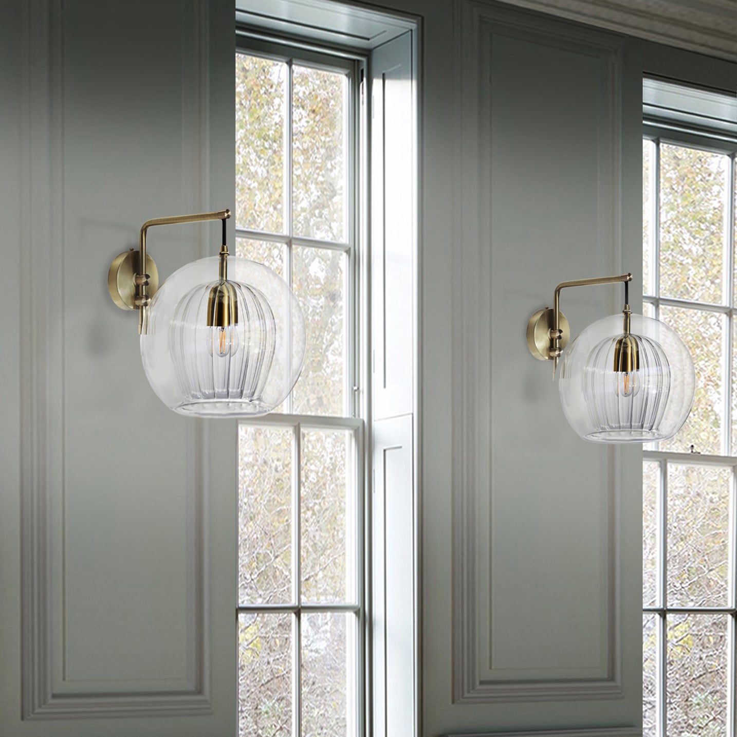 Pleated Crystal Wall Light clear duo, side view on wall in setting.
