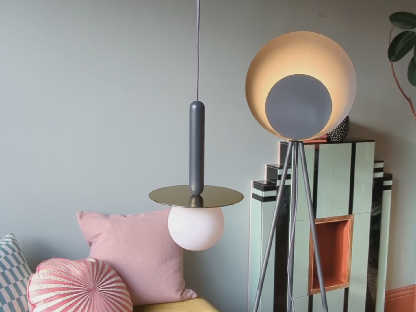 Load video: Charcoal Grey Plate Pendant Light environment video  