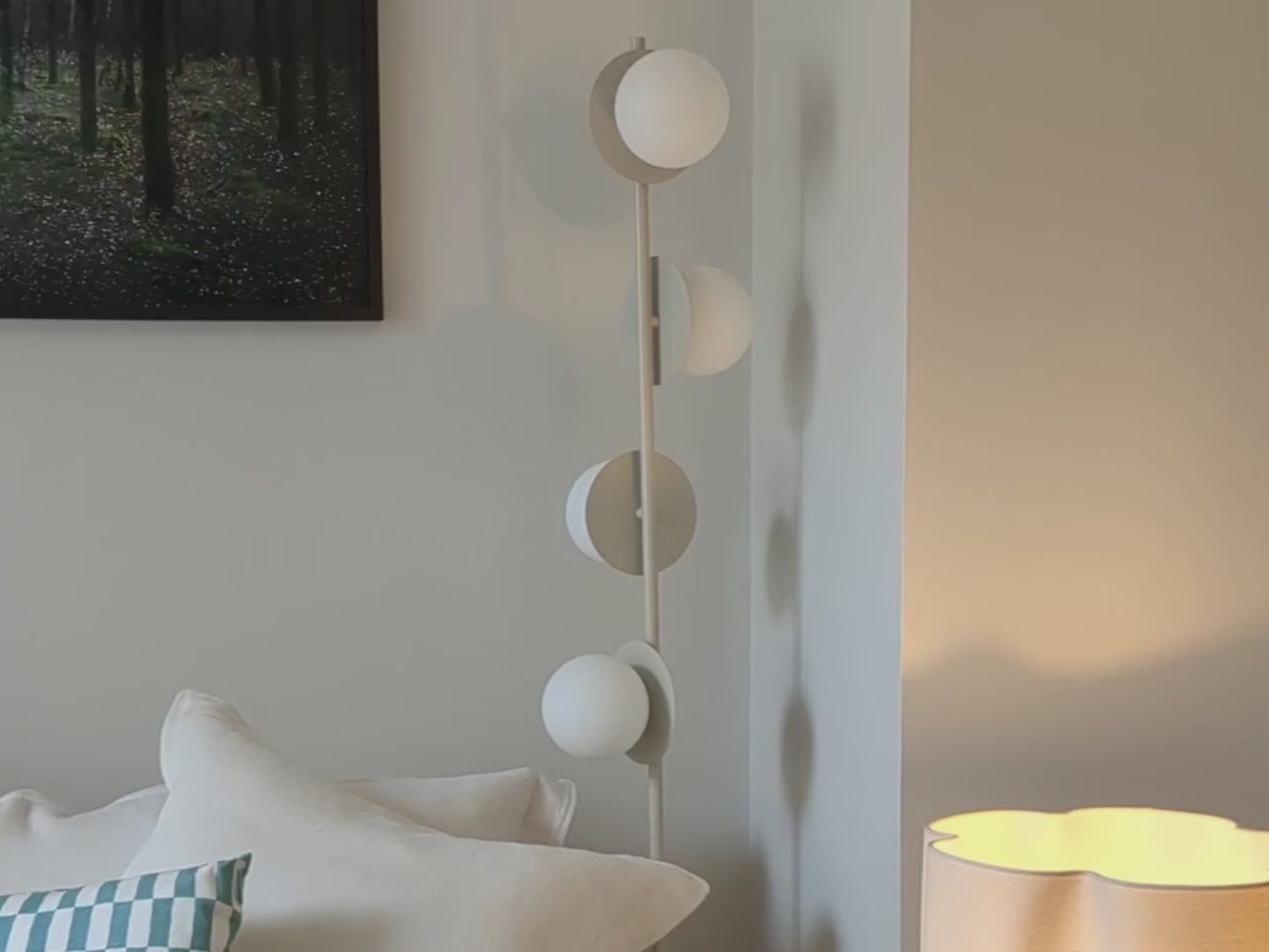 Load video: sand Opal Disk Floor Lamp, in setting and close up video.