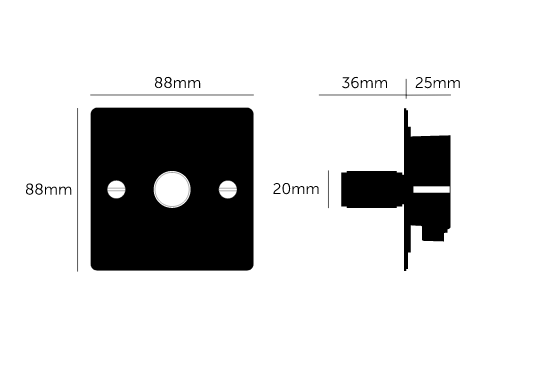 1G Dimmer/ 120W/ Steel with steel details, dimensions.